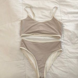 Tannish gray two piece with mid rise bottoms